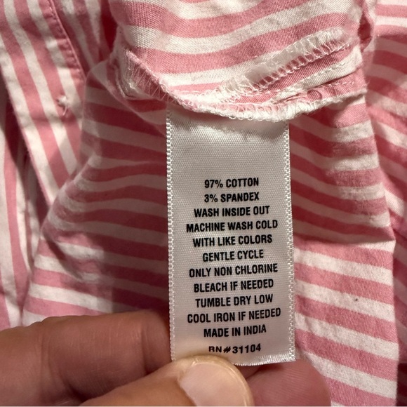 Crown & Ivy Pink White Striped Cotton Stretch Ruffle Button Up Top - Picture 6 of 6